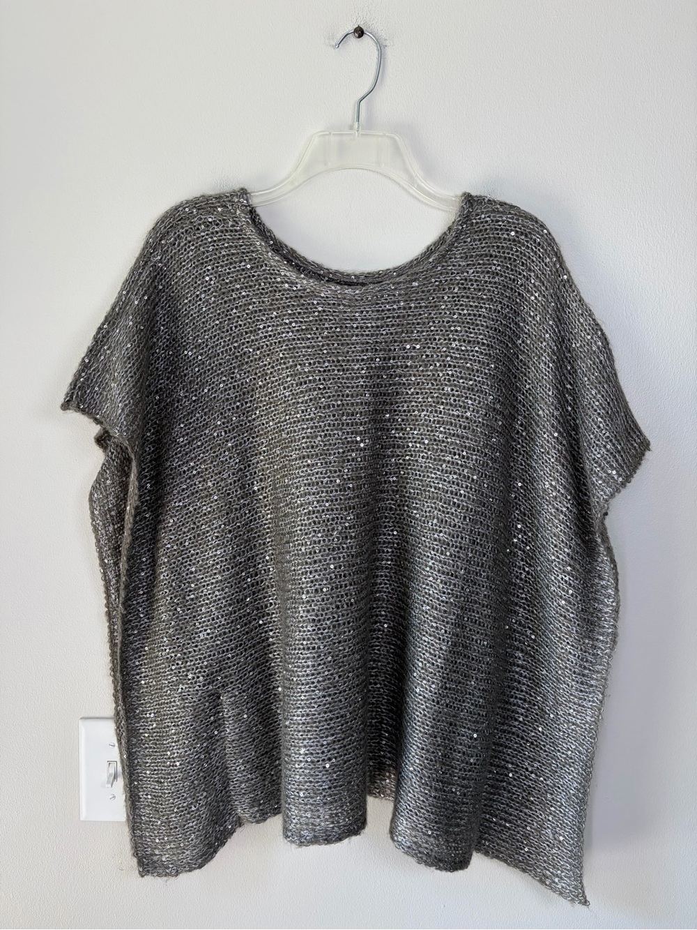 Noelle Gray Sequin Knit Drapey Poncho Sweater Top Boho Chic Festival Layering